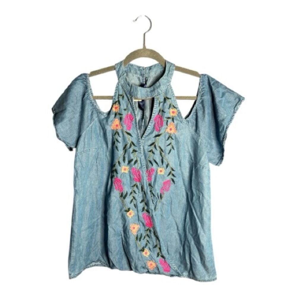 Blue Rain Chambray Cold Shoulder Floral Embroidered Top Tencel Medium